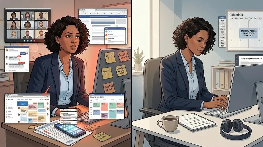 Deep work — professionnel en concentration profonde sur un livrable stratégique