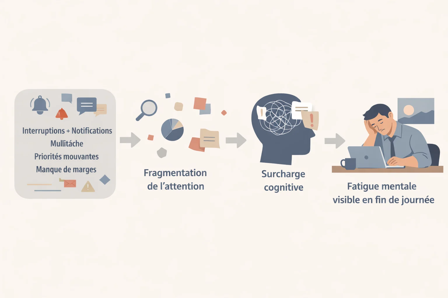 Schéma causal — interruptions et surcharge cognitive