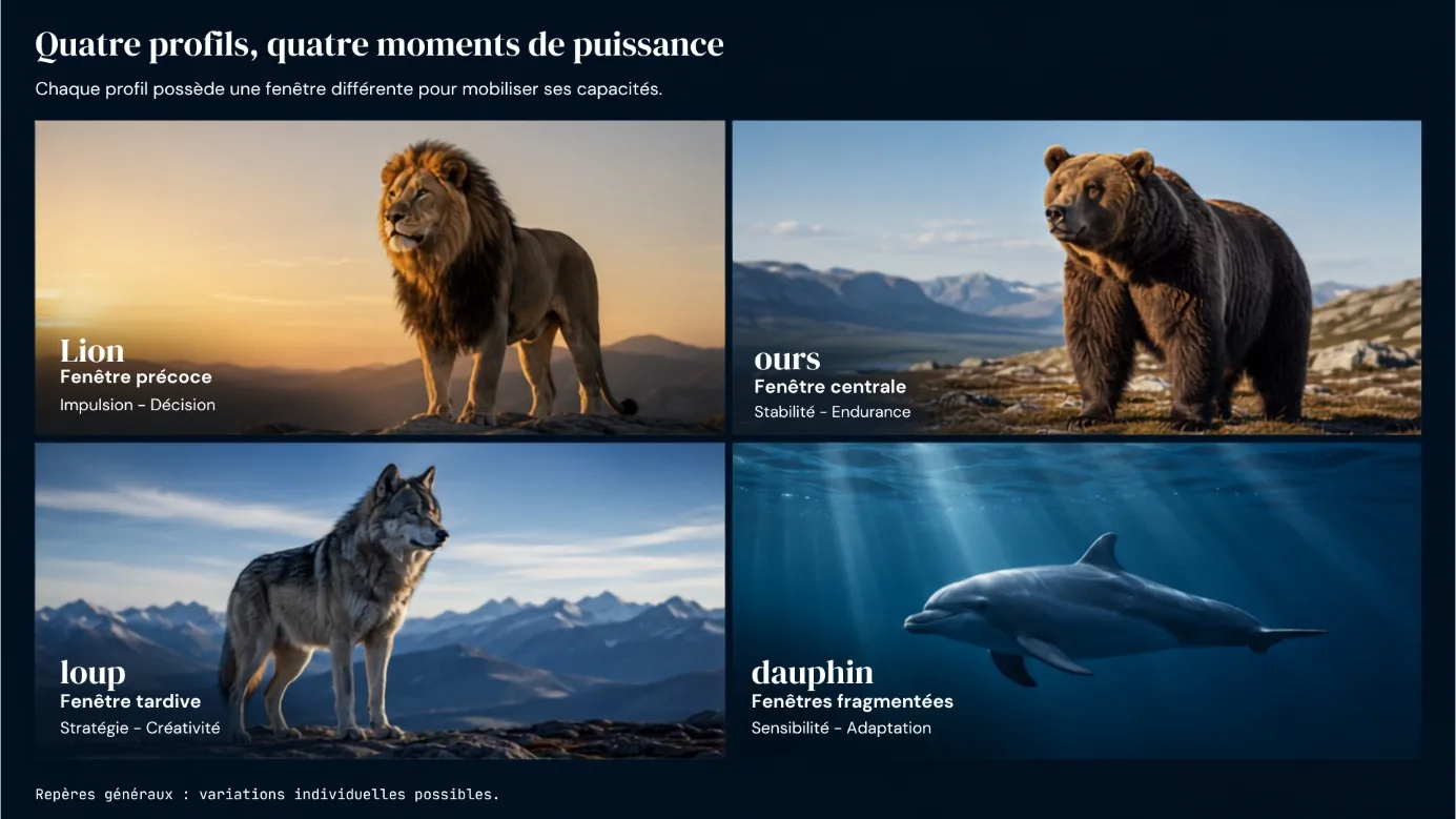 Lion à l'aube, ours en matinée, loup plus tard dans la journée et dauphin sous une lumière fragmentée, associés à quatre profils de chronotype.