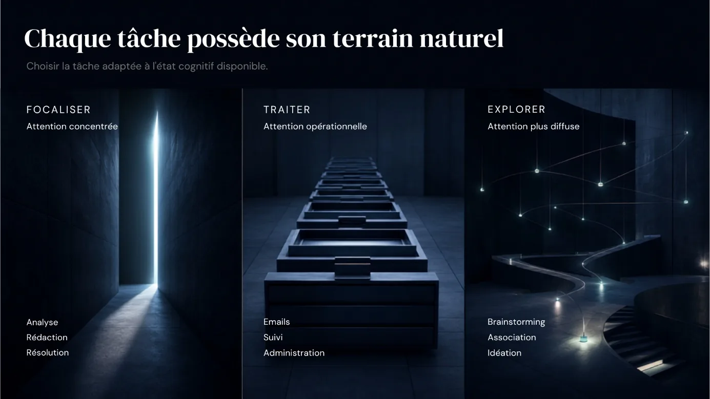 Triptyque représentant l'attention focalisée pour l'analyse, opérationnelle pour l'administratif et plus diffuse pour l'idéation.