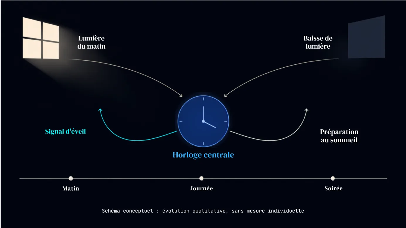 La lumière du matin et la baisse de lumière en soirée synchronisent l'horloge centrale, le signal d'éveil et la préparation au sommeil.
