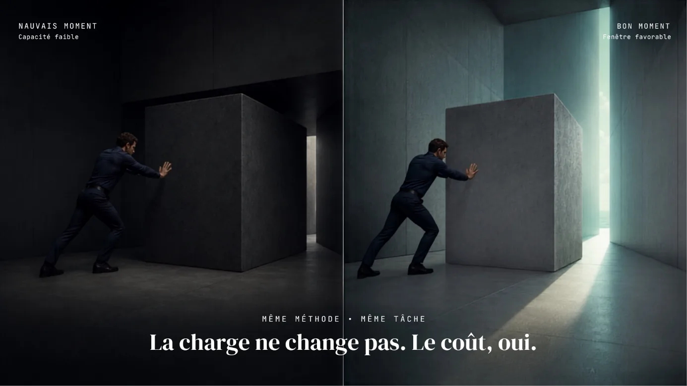 Même professionnel poussant le même bloc : passage sombre à contretemps à gauche, passage éclairé dans une fenêtre favorable à droite.